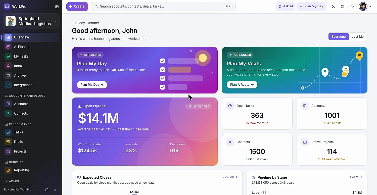 The WorkPro Overview: open pipeline, Plan My Day and Plan My Visits, open tasks, accounts and active projects